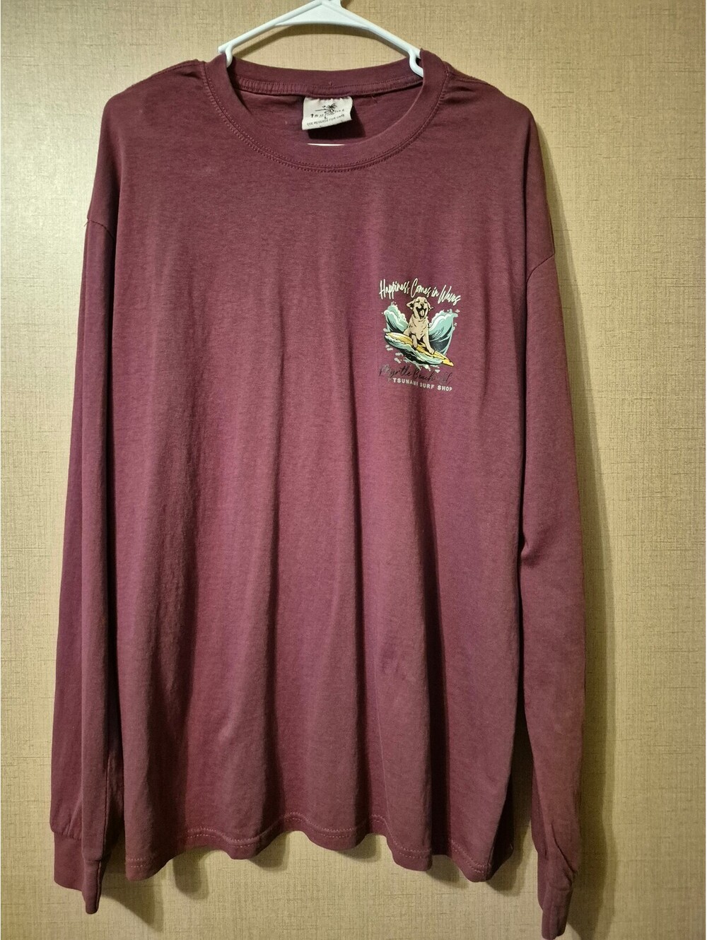 Tsunami Surf Shop Large Burgundy Long Sleeve T-Shirt with Surfing Dog Graphic